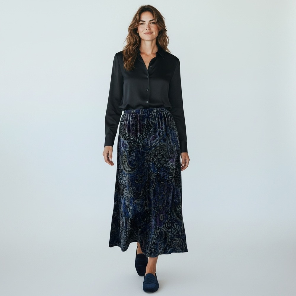 Vintage Made In USA Coldwater Creek Burnout Velvet Boho Floral Maxi Skirt M